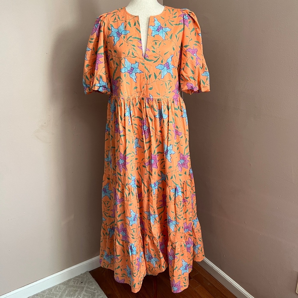 Tuckernuck Hyacinth House Orange Floral Cisco Tiered Midi Dress Puff Sleeve M